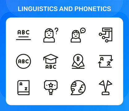 Linguistics and Phonetics icon set. Editable line icons. Professional and modern outline icon collection vector illustration highlighting regional dialect map and accent variation symbols