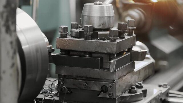 Close up of industrial lathe machine component during metalworking process in factory workshop, precision engineering and machining equipment.