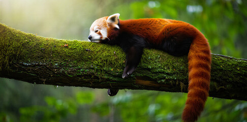 Red panda resting on a thick mossy tree branch in the wild forest with wildlife © Monir