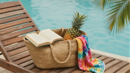 Obraz premium Beach bag with pineapple and towel by poolside sunny tropical vibe.