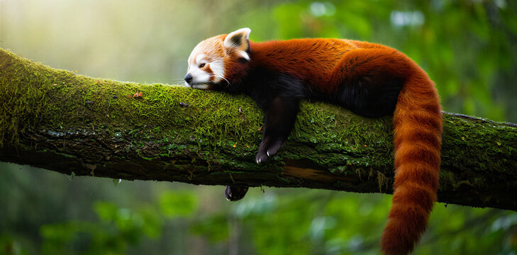 Red panda resting on a thick mossy tree branch in the wild forest with wildlife