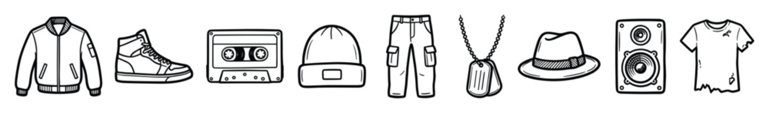 Set of Hip Hop Streetwear Icons. Urban culture apparel, music accessories, fashion symbols. Bomber jacket, sneaker, cassette, beanie, cargo pants, dog tag, fedora, audio speaker, tshirt line.