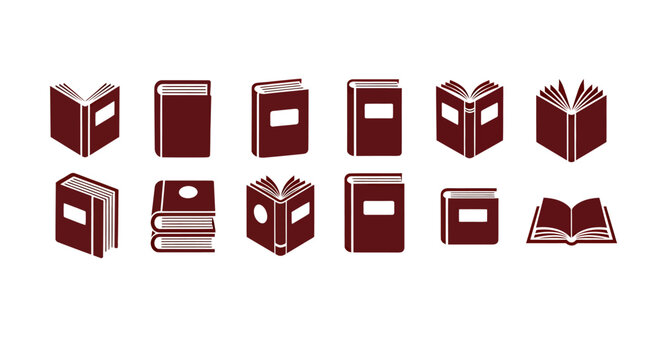 Collection of red book icons for graphic design and branding purposes.
