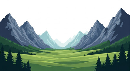 Vast Mountain Valley Landscape With Green Fields And Pine Trees. © Jefri