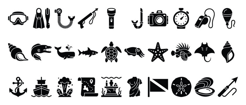 Set of diving icons, marine life, underwater exploration symbols. Sea creatures, scuba gear, ocean adventure, nautical equipment. Treasure, shipwreck, fish, aquatic animal. Flat glyph pictogram