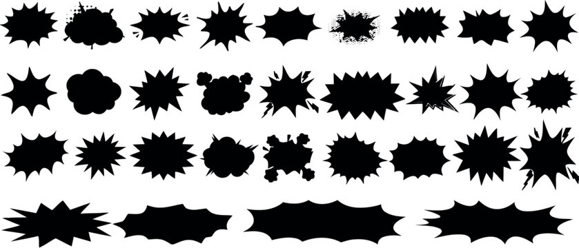 Set of black comic explosion speech bubbles and burst shapes