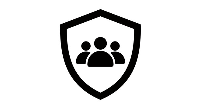 Group of people icon inside a shield representing teamwork and community protection.