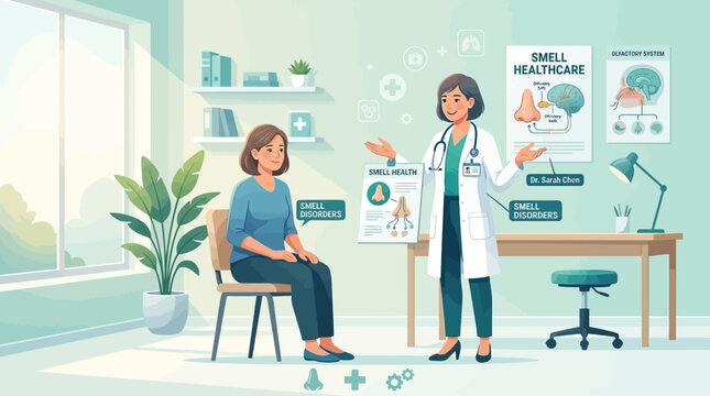 Doctor consulting patient about olfaction in modern medical office