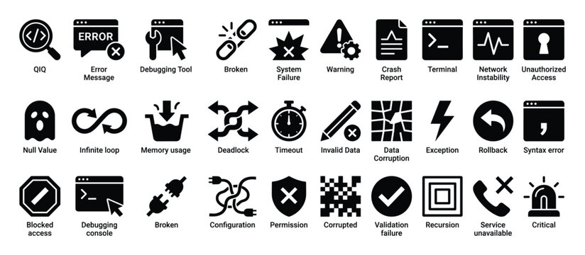 Programming and software development error icons set. Debugging tools, system failure, network instability, null value, infinite loop, data corruption, unauthorized access, critical issues, warning