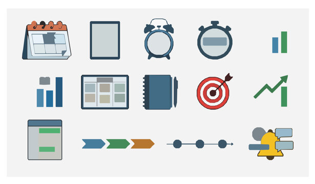 Time management flat icon vector set with schedule planning productivity and task organization symbols