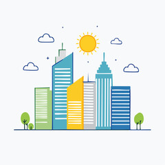 Obraz premium Flat Design Cityscape with Skyscrapers and Sun