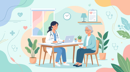 Fototapeta premium Doctor Examining Senior Patient in Clinic, Healthcare Illustration
