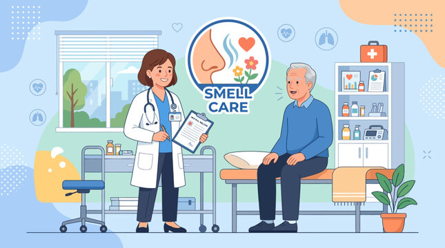 Doctor Explaining Smell Care to Senior Patient in Office