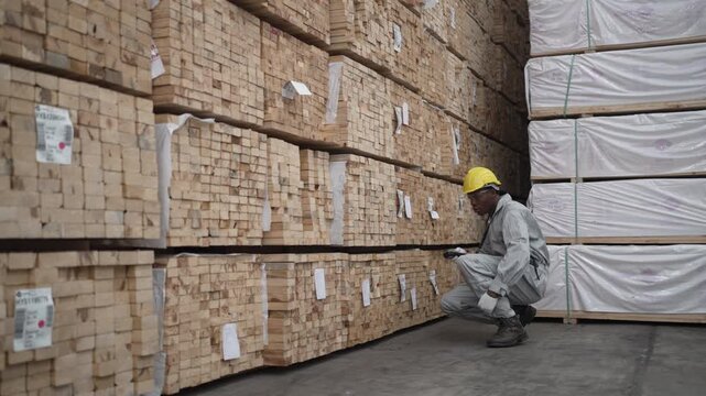Factory Worker Crouching to Inspect Timber Stack at Warehouse