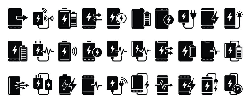 Set of phone charging icons. Mobile power, battery status, wireless charge, fast charge, power bank, smartphone energy, electricity transfer symbols. UI, app, web pictograms.