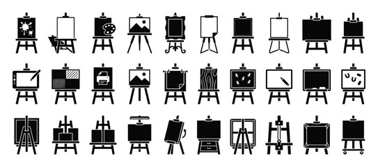 Fototapeta premium Set of easel icons, art stand, drawing board, painting canvas symbols. Studio equipment, artist tools, digital art tablet, blackboard, pinboard, picture frame, document display signs. Monochrome