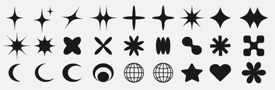 Set of black retro y2k star and celestial shapes for graphic design