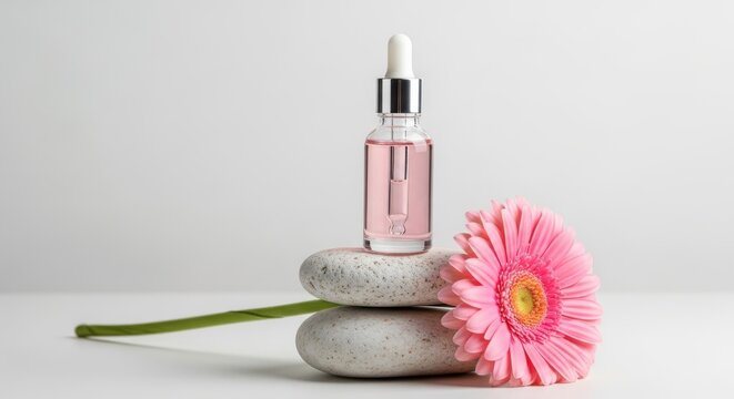 Pink serum bottle on stacked stones with a gerbera flower