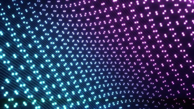 A mesmerizing 4K seamless motion loop showcasing an interactive tech grid terrain of glowing hexagons. Vibrant pink and cyan color gradients flow diagonally as parallel quantum waves undulate.