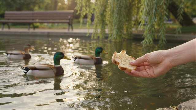 Hand feeds ducks by pond at sunset serene park setting with benches