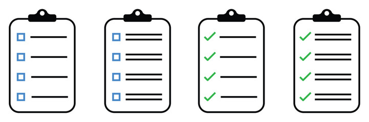 Clean vector icons of four clipboards displaying task lists with both unchecked and completed items indicating progress © Tanvir Khan