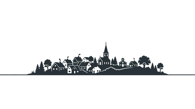 Minimalist black and white silhouette illustration of a small quaint village.