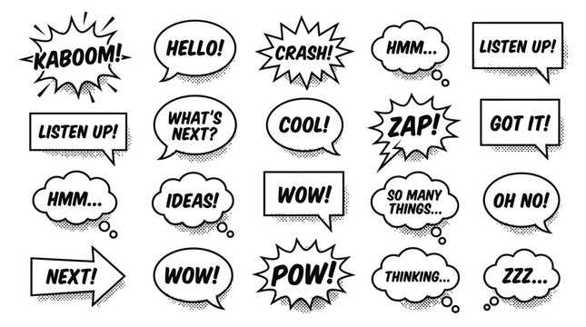 A graphic vector illustration collection of comic book speech bubbles with various text expressions
