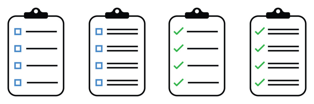 Clean vector icons of four clipboards displaying task lists with both unchecked and completed items indicating progress