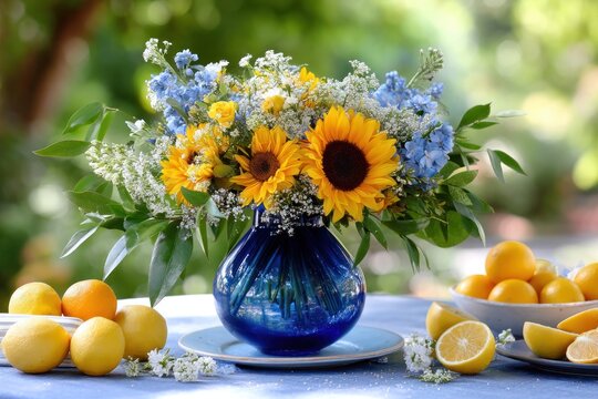Summer floral arrangement with sunflowers in blue glass vase, 3D render