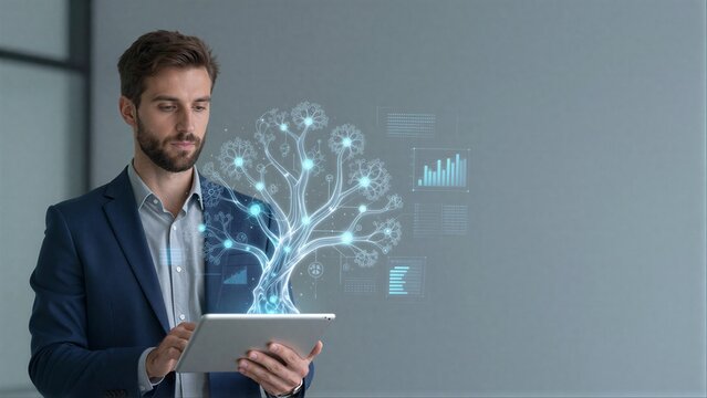 Man holds tablet holographic tree displays data symbolizing AI and