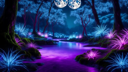 Fototapeta premium Mystical glowing forest with illuminated plants and large moonlit sky creating an enchanting fantasy landscape scene