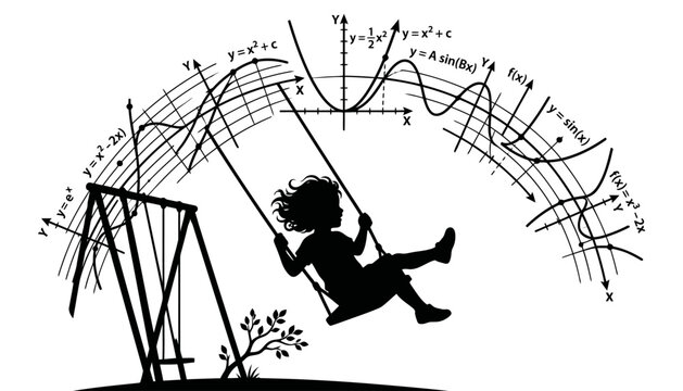 Child on Swing Silhouette with Mathematical Graphs and Equations Concept