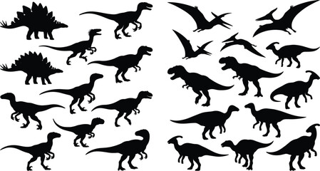 Prehistoric Dinosaur Silhouette Collection with T Rex Raptors Pterosaurs and Herbivores Vector Illustration Set © SreeRupali