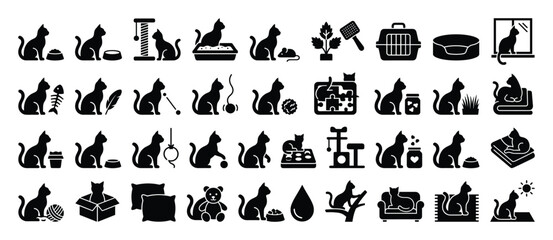 Obraz na płótnie Canvas Set of cat icons. Pet care, feline activities, kitten accessories symbol collection. Eating, playing, sleeping, grooming, travel, home items pictograms.
