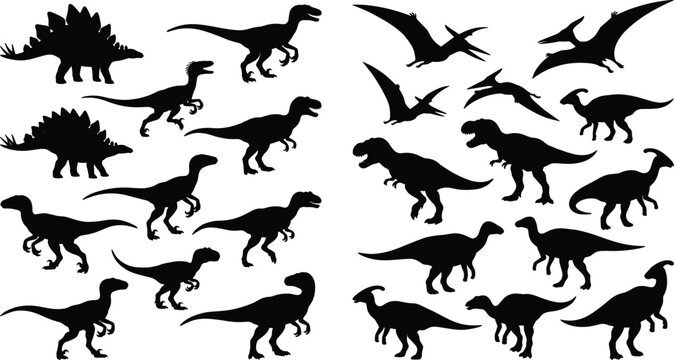 Prehistoric Dinosaur Silhouette Collection with T Rex Raptors Pterosaurs and Herbivores Vector Illustration Set