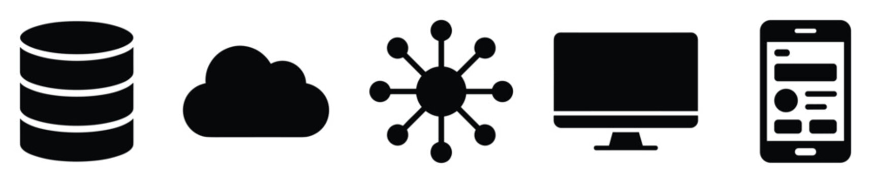 Set of technology icons. Digital computing, cloud storage, network, database server, desktop monitor, and mobile phone device symbols. Solid black glyphs collection.
