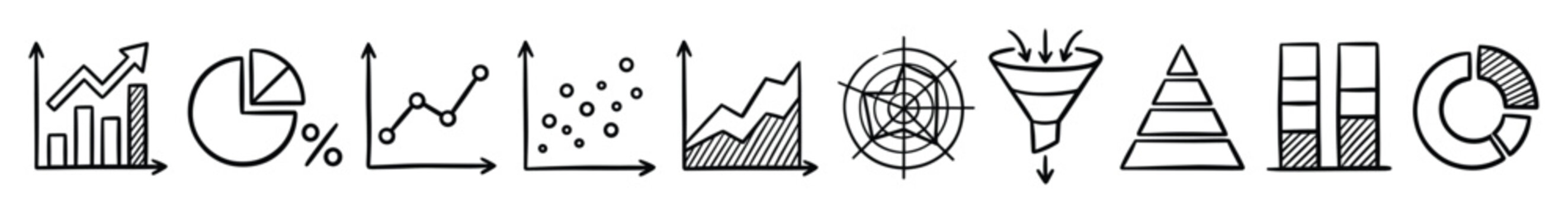 Set of data visualization doodle icons. Hand drawn business analytics charts. Graph, diagram, infographic symbols for marketing, finance, report, progress, strategy, trend.