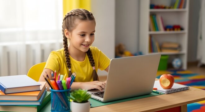Happy young girl with braids studying online using a laptop at home.
