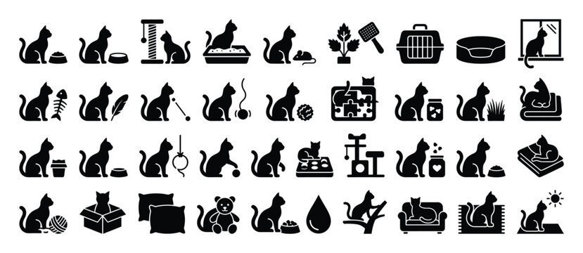 Set of cat icons. Pet care, feline activities, kitten accessories symbol collection. Eating, playing, sleeping, grooming, travel, home items pictograms.