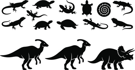 Reptile and Dinosaur Silhouette Collection with Lizards Turtles Snail and Prehistoric Herbivores Vector Set © SreeRupali