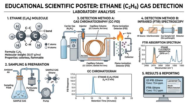 Educational Scientific Poster: Ethane (C₂H₆) Gas Detection in the Laboratory Using Gas Chromatography and FTIR Spectroscopy, Including Sampling Procedures, Chromatograms, Instrument Setup, Calibration