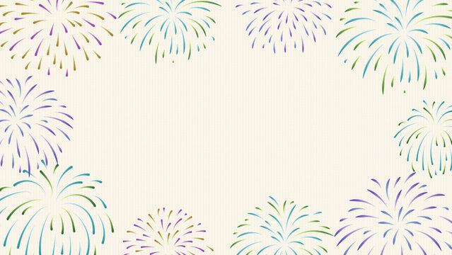 和風の花火を四方に配置した薄いベージュの16:9背景素材