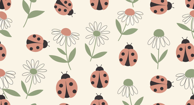 Ladybug and daisy flower spring garden seamless pattern