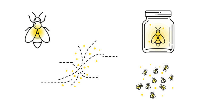 Glowing Fireflies Icon Set with Glass Jar and Flight Paths