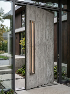 Luxury pivoting wooden door in a modern villa exterior