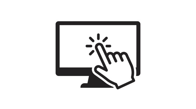 A simplified graphic illustration of a hand with a pointing finger touching a computer screen displaying a click symbol