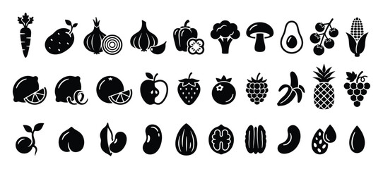 Fototapeta premium Set of healthy food icons. Fruits, vegetables, nuts, seeds, legumes collection. Organic fresh produce symbols. Farm market, vegan diet, grocery store pictogram set.
