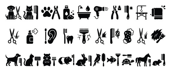 Obraz premium Pet grooming icons. Animal care, hygiene, salon, veterinary symbols. Dog, cat, small pets, horse, bird, fish, reptile care. Haircut, nail clipping, tooth, ear, flea removal, drying, bathing tools.