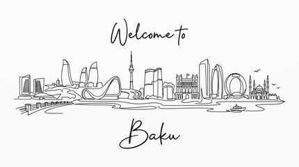 Fototapeta premium Baku Skyline Sketch - Welcome Sign - Cityscape Illustration