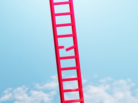 Bright red ladder with a missing step reaching into blue sky, symbolizing obstacles, setbacks, ambition, and emotional challenges.